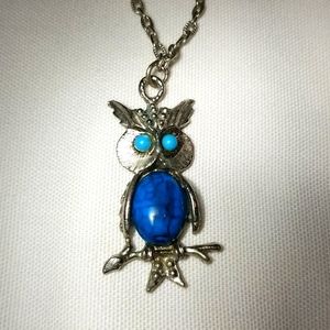 Owl  necklace,womens,silver tone,turquoise glass beads.